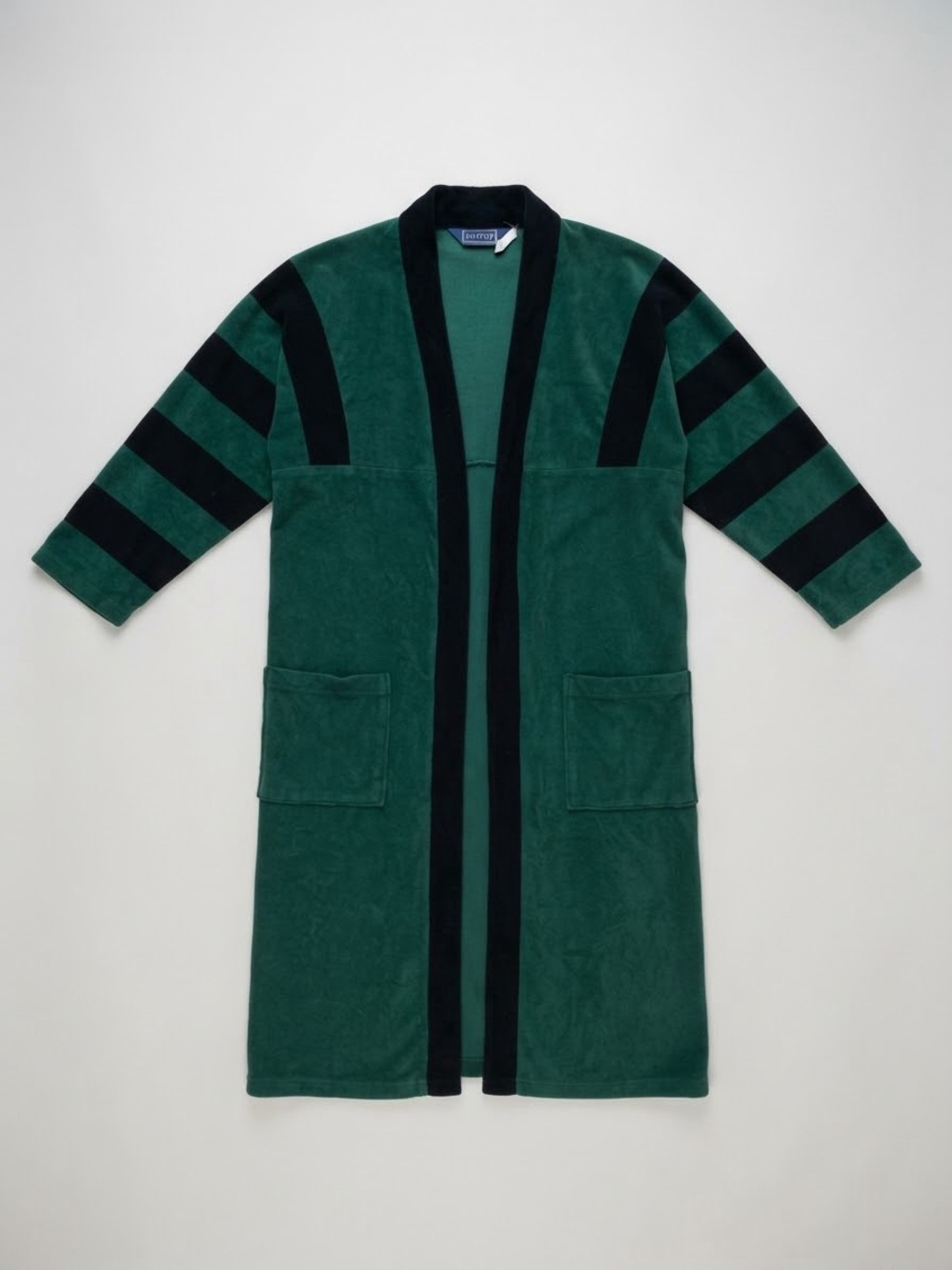 Vintage Surrey Green Black Striped Fleece Robe Long Open Front One Size